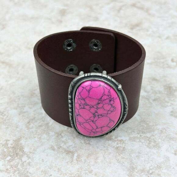 Hot‎ Pink Stone and Dark Brown Leather Cuff Bracelet - Picture 2 of 9